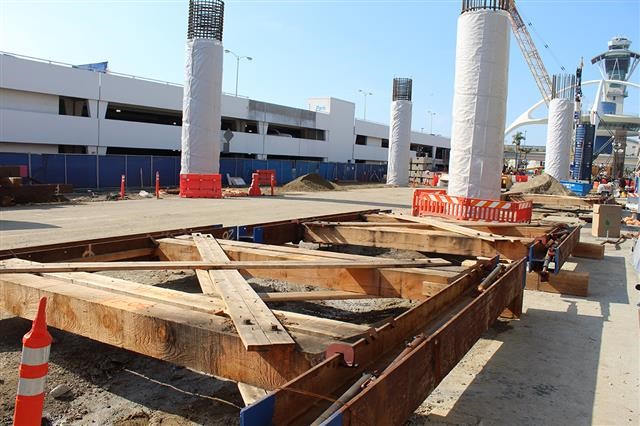 Falsework prior to being attached to the columns 