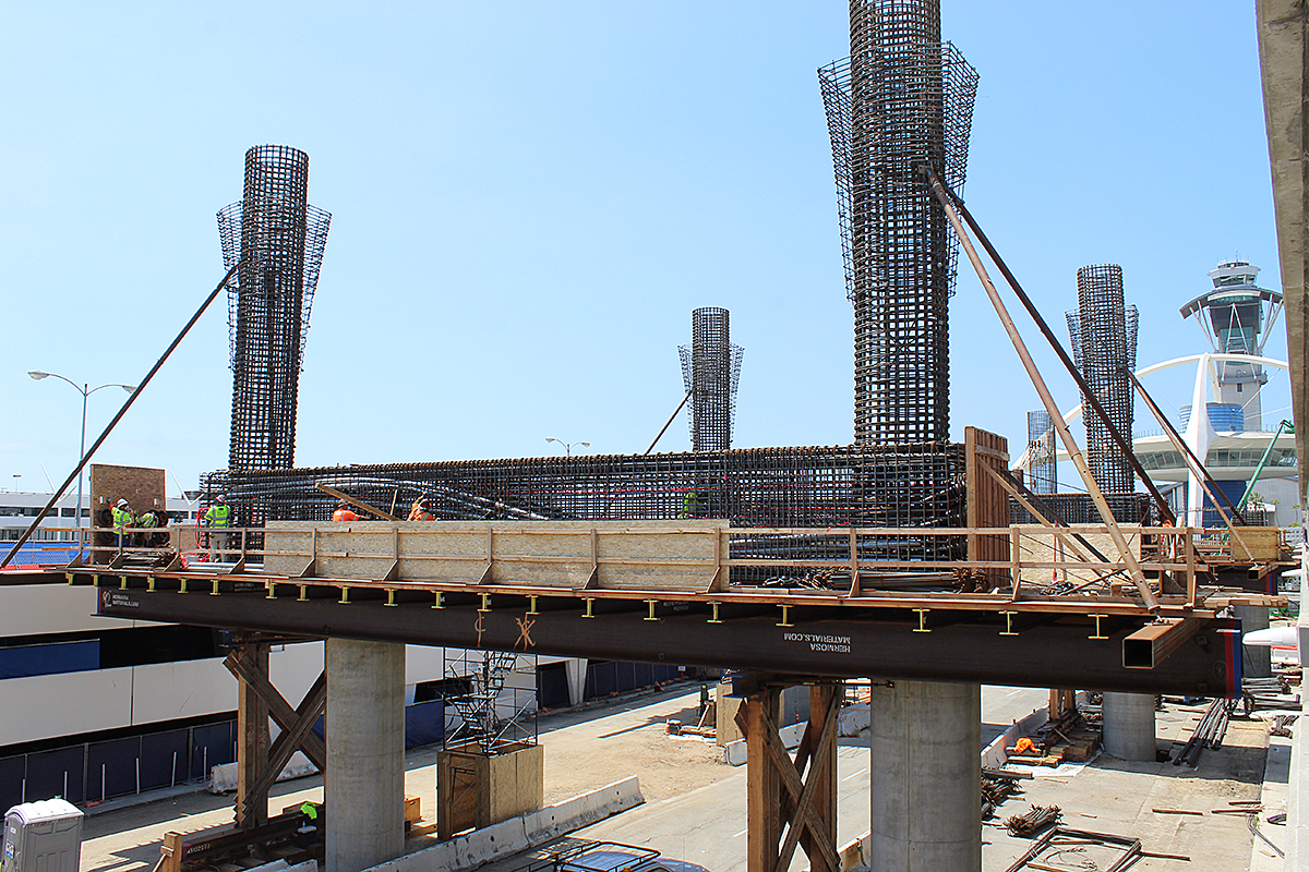 Bents at the future East Central Terminal Area station are prepared for concrete pours.