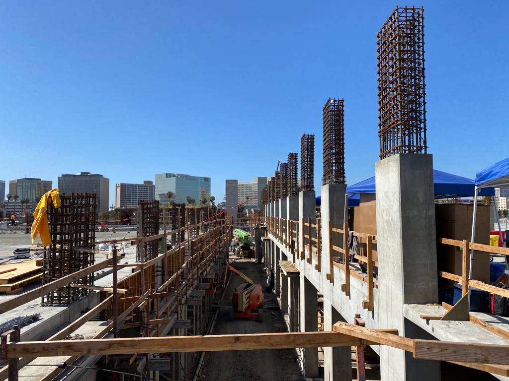 A view of construction on Building A and C of the LAX Economy Parking facility (formerly Intermodal Transportation Facility - West).